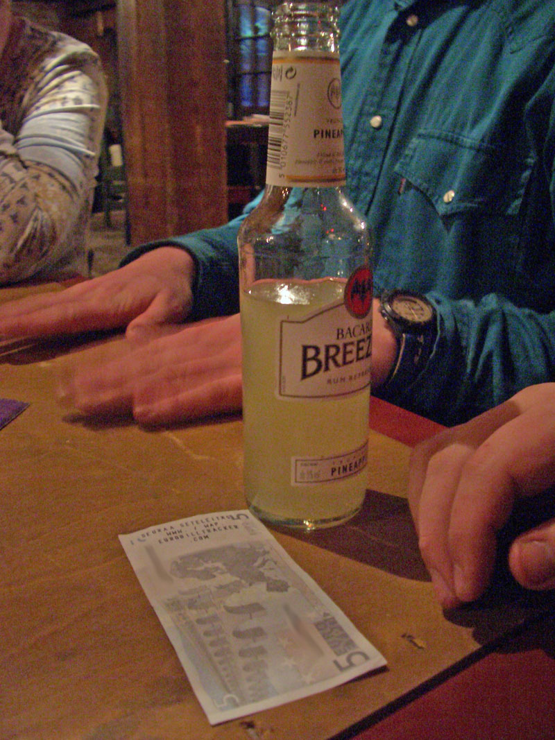 A stamped note, Hemmo's pineapple Breezer and Aaron's nimble fingers.